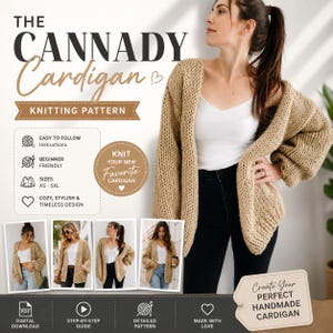 May include: A knitting pattern for The Cannady Cardigan, featuring a chunky, beige, open-front knit cardigan with long sleeves. The graphic includes text, icons for instructions, sizes XS-5XL, and four smaller photos showing the cardigan worn.