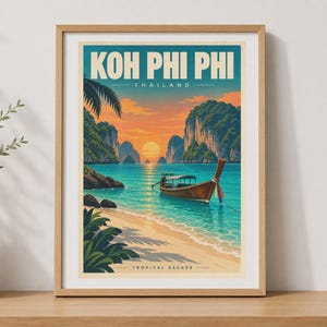 Poster di Koh Phi Phi, quadro vintage da parete con barca a coda lunga.