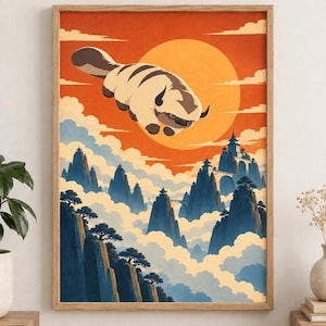 Quadro da parete con Appa il bisonte volante, poster di Avatar: The Last Airbender con paesaggio montano al tramonto.