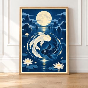 Arte de parede ATLA com peixes Tui e La Koi, decoração zen japonesa para quarto, presente para ele.