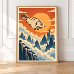 Appa vliegende bizon muurdecoratie, Avatar Air Bender posterprint met zonsondergang en berglandschap