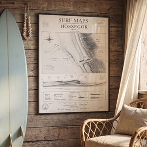 May include: A framed wall print titled Surf Maps Hossegor France featuring a detailed black and white nautical chart of the coastline, a wave profile diagram, and technical data including wave type, swell direction, and water temperature statistics.