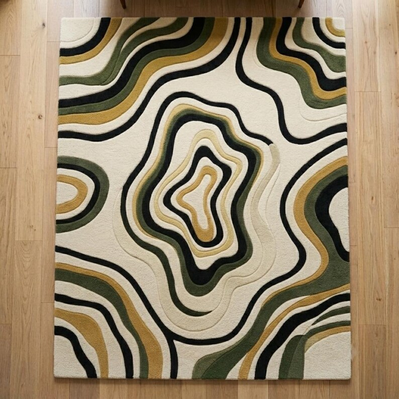 Topography Rug Pattern Hand Tufted New Zealand Wool Abstract Rug, Wave Area Rug, Green Beige ...