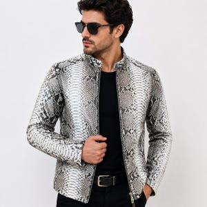 Men’s Python Print Leather Biker Jacket, Handmade Exotic Outerwear, Snake Look classic blazer