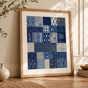 Indische Wandkunst in Blau: Indigo-Textil-Patchwork-Druckvorlage, digitaler Download