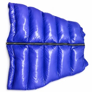 May include: A bright blue puffer vest with a glossy, reflective finish. The garment features horizontal quilted channels filled with insulation and a central black zipper closure with white trim running vertically down the middle of the piece.