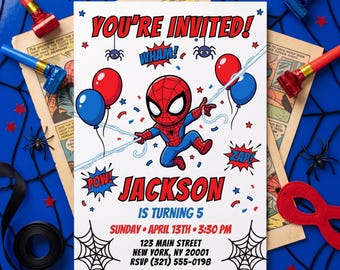 Puede incluir: Una tarjeta de invitación de cumpleaños rectangular blanca con un personaje de Spider-Man, globos rojos y azules, y texto estilo cómic que incluye YOU'RE INVITED, JACKSON IS TURNING 5, SUNDAY APRIL 13TH 3:30 PM, 123 MAIN STREET, NEW YORK, NY 20001, RSVP 321 555-0198.