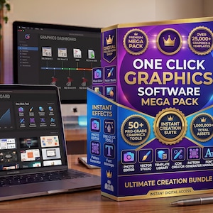 Może przedstawiać: Fioletowo-niebieskie pudełko z oprogramowaniem z napisem One Click Graphics Software Mega Pack, zawierające tekst o ponad 25 000 grafik, 50+ profesjonalnych narzędziach i 1 000 000+ zasobów. Pudełko stoi na biurku obok laptopa z panelem graficznym.