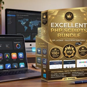 Pode incluir: Um conjunto de caixa em tom dourado rotulado como Excellent PHP Scripts Bundle com licença GPL. A caixa apresenta ícones para comércio eletrônico, CMS e redes sociais, além de texto destacando mais de 100 scripts premium e 5.000 instalações.