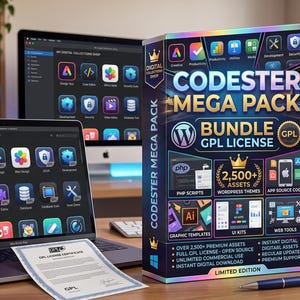 Pode incluir: Uma grande caixa retangular rotulada CODESTER MEGA PACK BUNDLE GPL LICENSE com um logotipo de coroa, apresentando texto sobre mais de 2.500 ativos, temas WordPress e scripts PHP. Um laptop, um certificado e uma caneta em uma mesa.