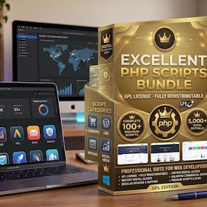 Pode incluir: Um conjunto de caixa em tom dourado rotulado como Excellent PHP Scripts Bundle com licença GPL. A caixa apresenta ícones para comércio eletrônico, CMS e redes sociais, além de texto destacando mais de 100 scripts premium e 5.000 instalações.