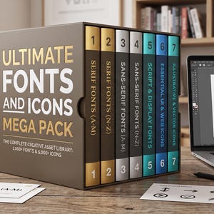 Op de afbeelding: Een bruine boxset getiteld Ultimate Fonts and Icons Mega Pack met zeven volumes aan digitale assets. De ruggen zijn genummerd van één tot zeven met labels voor serif, sans-serif, script, display, UI, web fonts en vector iconen.