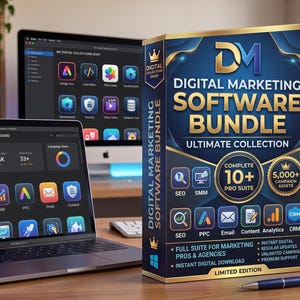 May include: A digital marketing software bundle box set featuring a dark blue and gold design with the text Digital Marketing Software Bundle Ultimate Collection, displayed alongside a laptop, a computer monitor, a mug, and a pen on a desk.