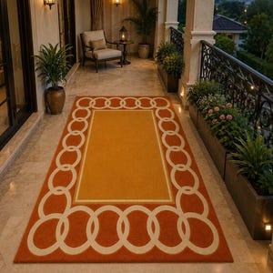 May include: A rectangular area rug featuring a solid mustard yellow centre panel surrounded by a wide burnt orange border. The border is decorated with a repeating pattern of interlocking white oval rings that form a continuous chain design.