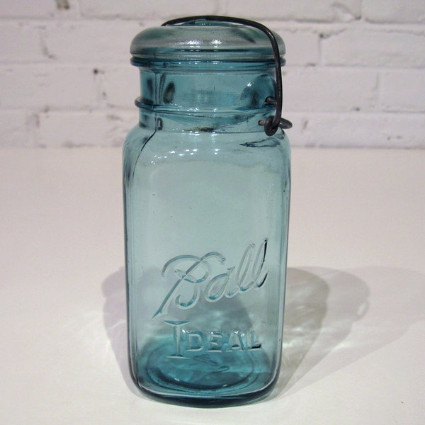 Aqua Blue BALL IDEAL MASON Jar / Bail Style w/ Glass Lid / Quart / Lucky No 7 / Wedding & Home Decor / Farmhouse Rustic Cottage