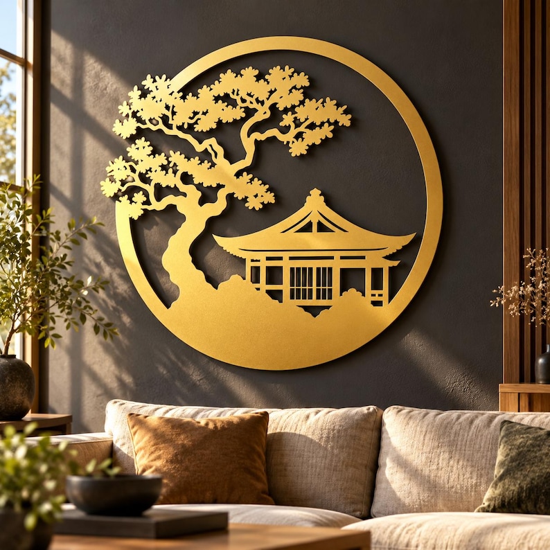 Japanese House Metal Wall Art, Pine Tree Zen Garden Decor (laser-cut ...