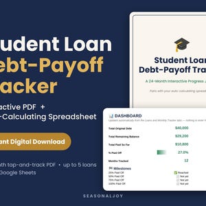 Puede incluir: Un conjunto digital de seguimiento de pago de préstamos estudiantiles con un PDF interactivo que incluye un icono de birrete y un panel de hoja de cálculo de cálculo automático. El texto muestra datos financieros, saldo restante y porcentajes pagados.