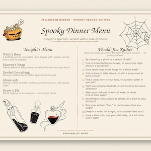Puede incluir: Un menú de cena de Halloween color crema titulado Spooky Dinner Menu con texto e ilustraciones en negro. Incluye un cuenco de calabaza, una telaraña y frascos de pociones. El menú enumera platos y un juego de preguntas con once opciones.
