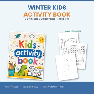 Puede incluir: Un libro de actividades Winter Kids con 39 páginas imprimibles y digitales para edades de 4 a 8 años. La portada muestra un dinosaurio verde, un portalápices y un cohete. Incluye páginas de muestra con un laberinto, sopa de letras y puntos.