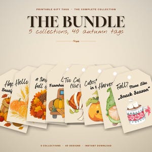 Puede incluir: Un paquete digital de etiquetas de regalo imprimibles con 40 diseños de temática otoñal. La colección incluye ilustraciones de calabazas, erizos, camiones, gnomos y tazas con textos como "Fall? More Like Snack Season" y "Hello".