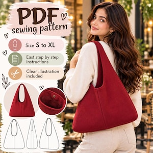 May include: A PDF sewing pattern for a hobo-style shoulder bag. The image displays text including PDF sewing pattern, Size S to XL, East step by step instructions, and Clear illustration included. It shows a red bag and line drawings.