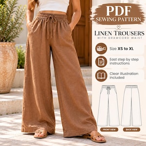May include: A PDF sewing pattern for linen trousers with a drawcord waist, featuring size XS to XL, step-by-step instructions, and clear illustrations. The pattern includes front and back view diagrams for wide-leg trousers with an elastic waistband.