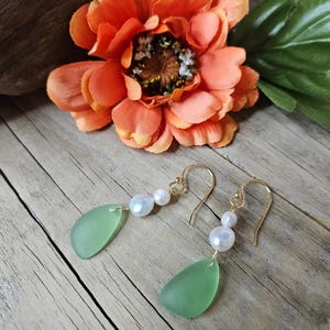 Boho Beach Freshwater Pearl Green Sea Glass Dangle Earrings