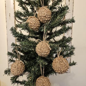 6 Finger Knit Jute Christmas Tree Ornaments, Farmhouse Holiday Decor