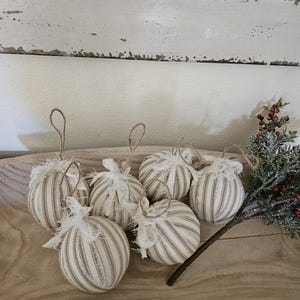 Old Fashioned Primitive Tan Striped Ticking Fabric Rag Tree Ornaments set of 8