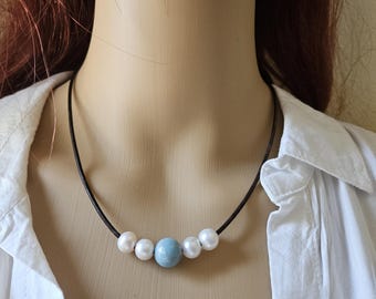 Beach Boho Larimar White Freshwater Pearl Brown or Black Leather Necklace, casual