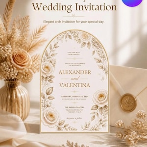 Convite de casamento de luxo, elegante cartão com arco floral, convite editável no Canva, minimalista dourado, visual premium, download de convite de casamento