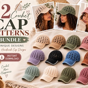 Puede incluir: Un paquete digital de 12 patrones de gorras de ganchillo en varios colores, incluyendo beige, verde oliva, rosa, morado, negro, azul y marrón. El texto dice 12 Crochet Cap Patterns Bundle, 12 Unique Designs, Instant Download y Crochet More Happiness.
