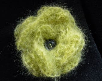 Crocheted pale green mohair flower brooch