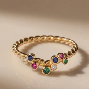 18K Solid Gold Multi Gemstone Ring | Twisted Rope Band, Ruby, Sapphire, Emerald, Diamond Cluster