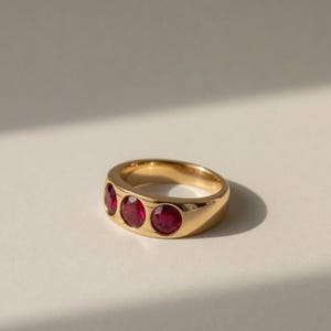 Op de afbeelding: Een gouden bandring met drie ronde, gefacetteerde, dieprode stenen die horizontaal aan de voorzijde zijn geplaatst. Het metaal heeft een gepolijste, gladde afwerking en de stenen zijn verzonken in de structuur van de ring gezet.
