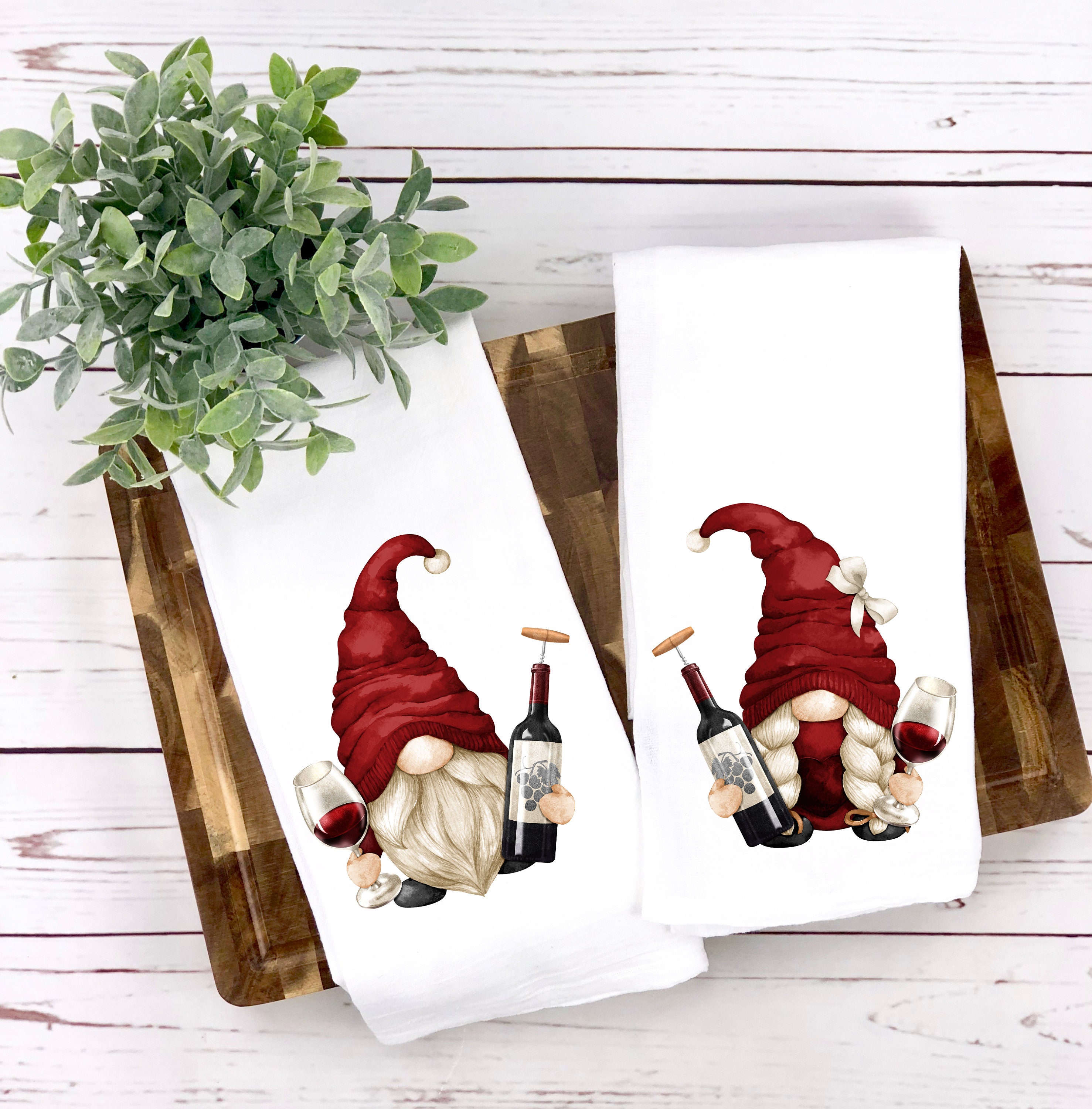 Gnome Wine Kitchen Towel Set Wine Flour Sack Towels Wine Etsy
