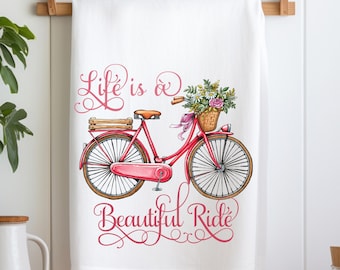 Bicycle Tea Towel, Pink Bicycle Flour Sack Towel, Bicycle Kitchen Towel, Floral Bike Dish Towel, Bicycle Bath Hand Towel, Housewarming Gift