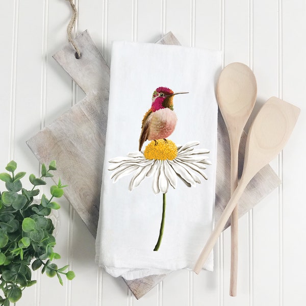 Pink Hummingbird Flour Sack Towel, Daisy Tea Towel, Hummingbird Dish Towel, Bird Decor, Housewarming Gift, Bird Lover Tea Towel, Daisy Towel