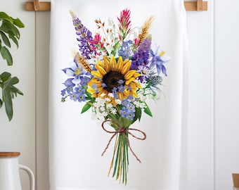 Wildflower Tea Towel, Sunflower Kitchen Towel, Spring Floral Tea Towel, Sunflower Kitchen Tea Towel, Wildflower Kitchen Linens, Gift For Her