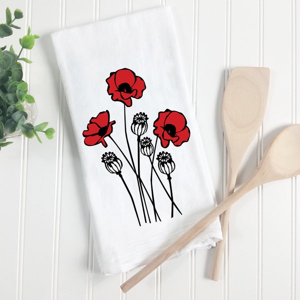 Red Poppy Kitchen Towel, Poppy Dish Towel, Poppy Flour Sack Towel, Farmhouse Kitchen Towel, Floral Towel, Housewarming Gift, Hostess Gift