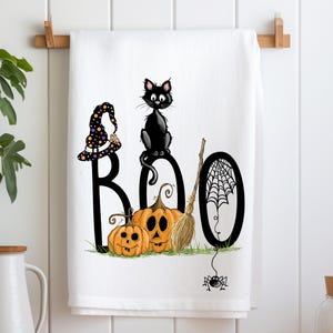 Halloween Pumpkins Tea Towel, Black Cat Tea Towel, Halloween Dish Towel, Pumpkin Kitchen Towel, Halloween Bath Hand Towel, Housewarming Gift