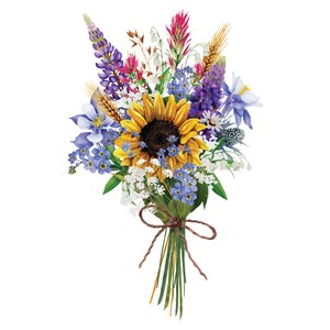 May include: A watercolor painting of a bouquet of wildflowers, including a sunflower, lupine, bluebells, and other wildflowers. The bouquet is tied together with twine.