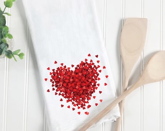 Valentine Heart Tea Towel, Red Heart Kitchen Towel, Hearts Flour Sack Towel, Red Hearts Dish Towel, Valentine Dish Towel, Housewarming Gift