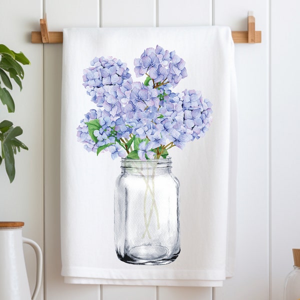 Torchon fleurs printanières, torchon hortensias, linge de maison hortensias, torchon fleurs printanières, torchon fleurs, torchon de cuisine déco printanière