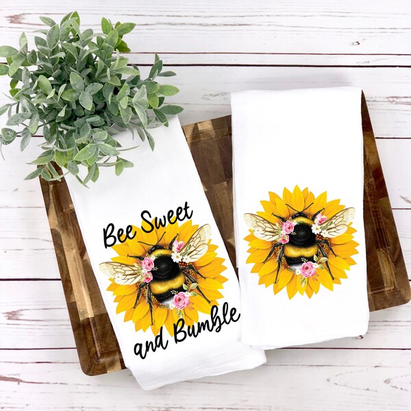 Bee Sweet And Bumble Flour Sack Towel, Bee Kitchen Towel, Bee Lover Gift, Farmhouse Kitchen Towel, Sunflower Dish Towel, Housewarming Gift