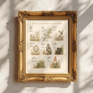 May include: A framed educational print titled The Alphabet Garden featuring illustrations for digraphs including sh for sheep, th for thorn, wr for wren, wor for world, kn for knight, ph for photo, wh for wheelbarrow, and gn for gnome in a gold frame.