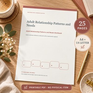 May include: A white workbook titled Adult Relationship Patterns and Needs with dark text, five empty rounded rectangular boxes, and a maroon header. The document specifies 25 pages, A4 and US Letter sizes, and is a printable PDF digital item.