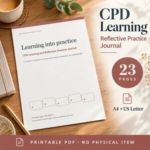 CPD Learning and Reflective Practice Journal, 23 Pages, Printable PDF A4 & US Letter