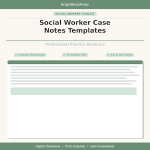 Peut inclure: Un document numérique intitulé Social Worker Case Notes Templates par BrightMindsPrints. La page présente un en-tête de ressource de pratique professionnelle, des coches pour téléchargement instantané, PDF imprimable et formats A4 et US Letter.