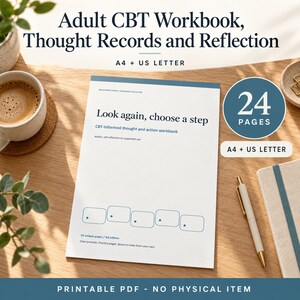 Può includere: Un quaderno di esercizi TCC per adulti di 24 pagine con il titolo Look again, choose a step e CBT-informed thought and action workbook stampato sulla copertina. Il documento include cinque riquadri rettangolari e formati A4 e US Letter.